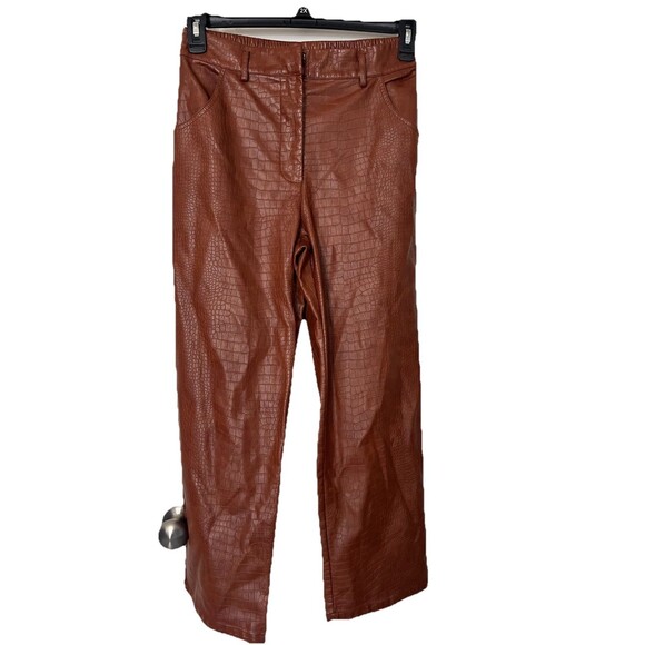 Skies Are Blue Camel Vegan-leather Straight Leg Pants M Embossed - Picture 4 of 9